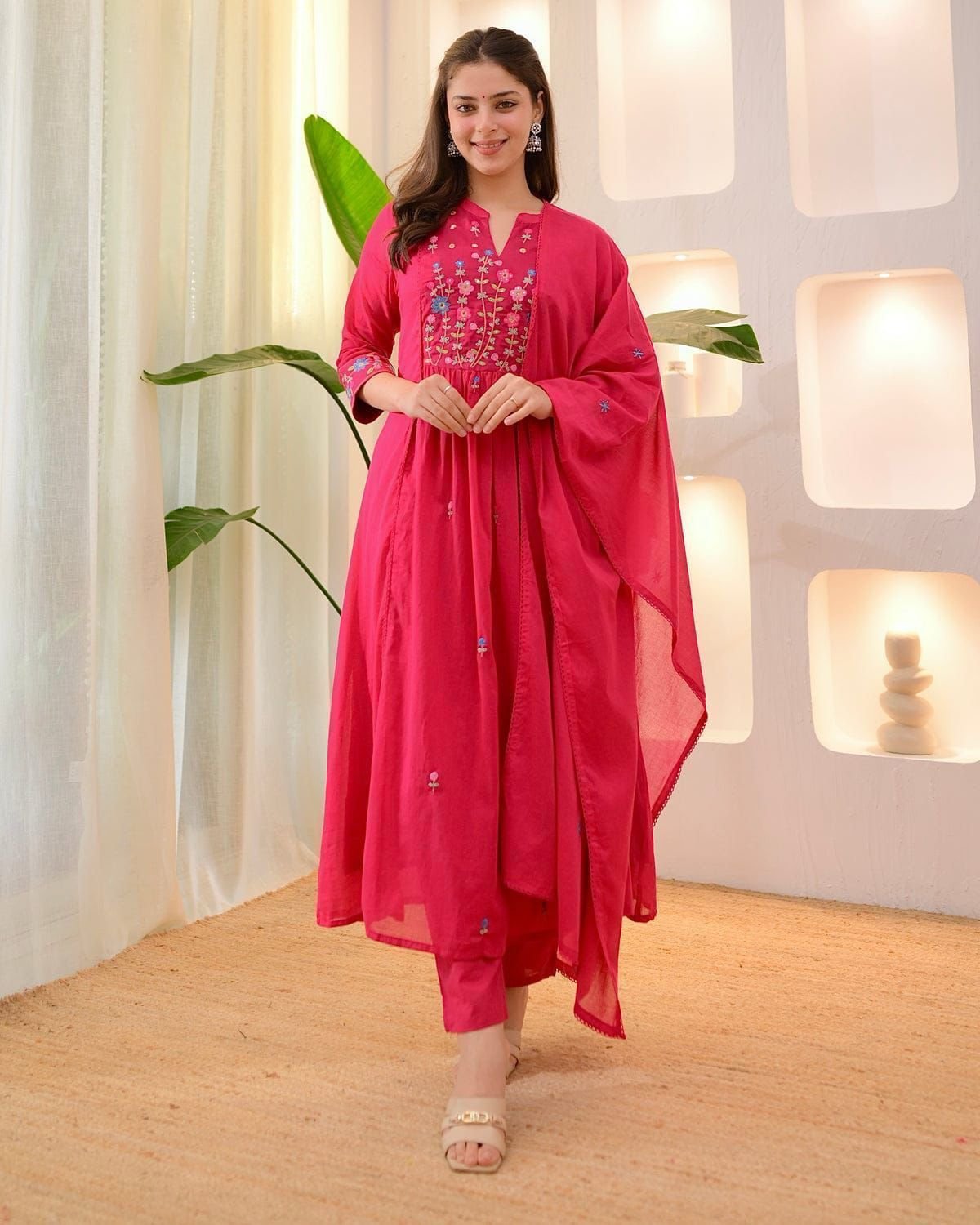 Pink Cotton Embroidered Kurti Set with Pant & Dupatta